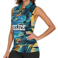 Belize Blue Hole Ocean View Women Sleeveless Polo Shirt with Tropical Marine Design and Flag Detail