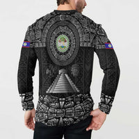 Belize Tribal Pattern Button Sweatshirt with National Emblem and Mayan Pyramid Design