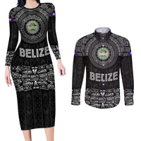 Belize Tribal Pattern Couples Matching Long Sleeve Bodycon Dress and Long Sleeve Button Shirt with National Emblem and Mayan Pyramid Design