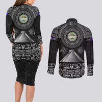 Belize Tribal Pattern Couples Matching Long Sleeve Bodycon Dress and Long Sleeve Button Shirt with National Emblem and Mayan Pyramid Design