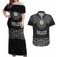 Belize Tribal Pattern Couples Matching Off Shoulder Maxi Dress and Hawaiian Shirt with National Emblem and Mayan Pyramid Design