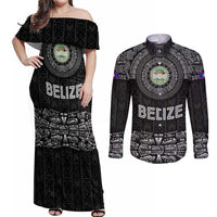Belize Tribal Pattern Couples Matching Off Shoulder Maxi Dress and Long Sleeve Button Shirt with National Emblem and Mayan Pyramid Design
