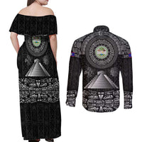 Belize Tribal Pattern Couples Matching Off Shoulder Maxi Dress and Long Sleeve Button Shirt with National Emblem and Mayan Pyramid Design