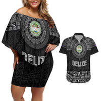 Belize Tribal Pattern Couples Matching Off Shoulder Short Dress and Hawaiian Shirt with National Emblem and Mayan Pyramid Design