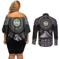 Belize Tribal Pattern Couples Matching Off Shoulder Short Dress and Long Sleeve Button Shirt with National Emblem and Mayan Pyramid Design