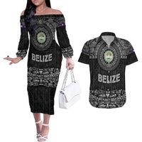 Belize Tribal Pattern Couples Matching Off The Shoulder Long Sleeve Dress and Hawaiian Shirt with National Emblem and Mayan Pyramid Design
