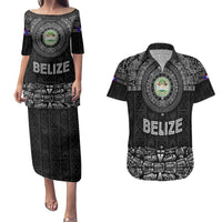 Belize Tribal Pattern Couples Matching Puletasi and Hawaiian Shirt with National Emblem and Mayan Pyramid Design