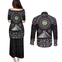 Belize Tribal Pattern Couples Matching Puletasi and Long Sleeve Button Shirt with National Emblem and Mayan Pyramid Design