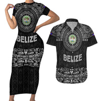 Belize Tribal Pattern Couples Matching Short Sleeve Bodycon Dress and Hawaiian Shirt with National Emblem and Mayan Pyramid Design