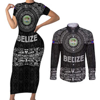 Belize Tribal Pattern Couples Matching Short Sleeve Bodycon Dress and Long Sleeve Button Shirt with National Emblem and Mayan Pyramid Design