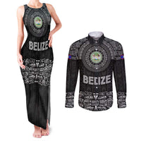 Belize Tribal Pattern Couples Matching Tank Maxi Dress and Long Sleeve Button Shirt with National Emblem and Mayan Pyramid Design
