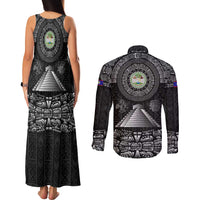 Belize Tribal Pattern Couples Matching Tank Maxi Dress and Long Sleeve Button Shirt with National Emblem and Mayan Pyramid Design