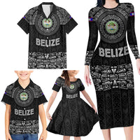 Belize Tribal Pattern Family Matching Long Sleeve Bodycon Dress and Hawaiian Shirt with National Emblem and Mayan Pyramid Design