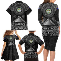 Belize Tribal Pattern Family Matching Long Sleeve Bodycon Dress and Hawaiian Shirt with National Emblem and Mayan Pyramid Design