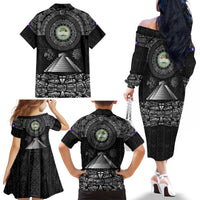 Belize Tribal Pattern Family Matching Off The Shoulder Long Sleeve Dress and Hawaiian Shirt with National Emblem and Mayan Pyramid Design