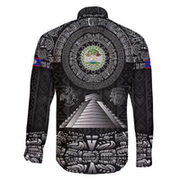 Belize Tribal Pattern Family Matching Off The Shoulder Long Sleeve Dress and Hawaiian Shirt with National Emblem and Mayan Pyramid Design