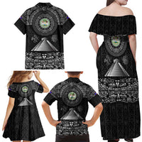 Belize Tribal Pattern Family Matching Off Shoulder Maxi Dress and Hawaiian Shirt with National Emblem and Mayan Pyramid Design