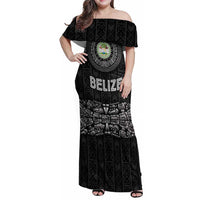 Belize Tribal Pattern Family Matching Off Shoulder Maxi Dress and Hawaiian Shirt with National Emblem and Mayan Pyramid Design