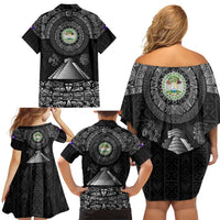 Belize Tribal Pattern Family Matching Off Shoulder Short Dress and Hawaiian Shirt with National Emblem and Mayan Pyramid Design
