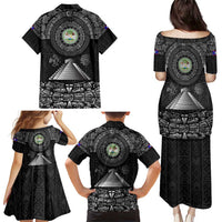 Belize Tribal Pattern Family Matching Puletasi and Hawaiian Shirt with National Emblem and Mayan Pyramid Design
