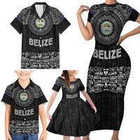 Belize Tribal Pattern Family Matching Short Sleeve Bodycon Dress and Hawaiian Shirt with National Emblem and Mayan Pyramid Design
