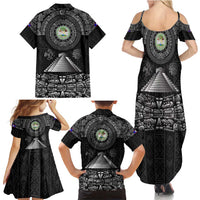 Belize Tribal Pattern Family Matching Summer Maxi Dress and Hawaiian Shirt with National Emblem and Mayan Pyramid Design