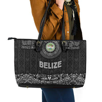 Belize Tribal Pattern Leather Tote Bag with National Emblem and Mayan Pyramid Design
