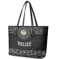 Belize Tribal Pattern Leather Tote Bag with National Emblem and Mayan Pyramid Design