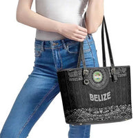 Belize Tribal Pattern Leather Tote Bag with National Emblem and Mayan Pyramid Design