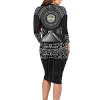 Belize Tribal Pattern Long Sleeve Bodycon Dress with National Emblem and Mayan Pyramid Design