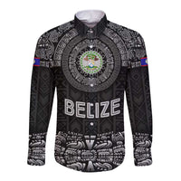 Belize Tribal Pattern Long Sleeve Button Shirt with National Emblem and Mayan Pyramid Design