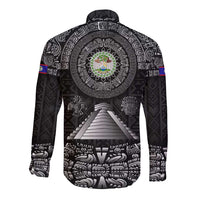 Belize Tribal Pattern Long Sleeve Button Shirt with National Emblem and Mayan Pyramid Design