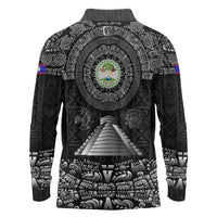 Belize Tribal Pattern Long Sleeve Polo Shirt with National Emblem and Mayan Pyramid Design