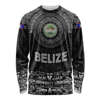 Belize Tribal Pattern Long Sleeve Shirt with National Emblem and Mayan Pyramid Design