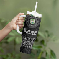 Belize Tribal Pattern Tumbler With Handle with National Emblem and Mayan Pyramid Design