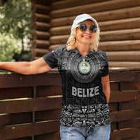 Belize Tribal Pattern Women Polo Shirt with National Emblem and Mayan Pyramid Design