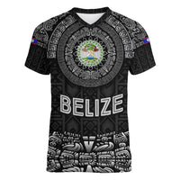 Belize Tribal Pattern Women V-Neck T-Shirt with National Emblem and Mayan Pyramid Design