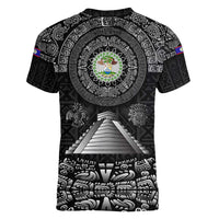 Belize Tribal Pattern Women V-Neck T-Shirt with National Emblem and Mayan Pyramid Design