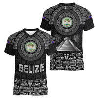 Belize Tribal Pattern Women V-Neck T-Shirt with National Emblem and Mayan Pyramid Design