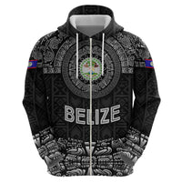 Belize Tribal Pattern Zip Hoodie with National Emblem and Mayan Pyramid Design