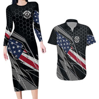Custom American Flag Racing Couples Matching Long Sleeve Bodycon Dress and Hawaiian Shirt Dirt Bike Motocross Racewear Hexagon and Lightning - Wonder Print Shop