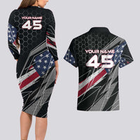 Custom American Flag Racing Couples Matching Long Sleeve Bodycon Dress and Hawaiian Shirt Dirt Bike Motocross Racewear Hexagon and Lightning - Wonder Print Shop