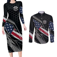 Custom American Flag Racing Couples Matching Long Sleeve Bodycon Dress and Long Sleeve Button Shirt Dirt Bike Motocross Racewear Hexagon and Lightning - Wonder Print Shop