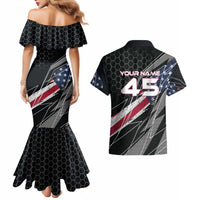 Custom American Flag Racing Couples Matching Mermaid Dress and Hawaiian Shirt Dirt Bike Motocross Racewear Hexagon and Lightning - Wonder Print Shop