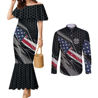 Custom American Flag Racing Couples Matching Mermaid Dress and Long Sleeve Button Shirt Dirt Bike Motocross Racewear Hexagon and Lightning - Wonder Print Shop