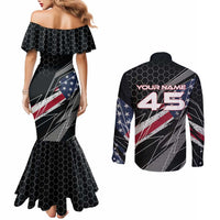 Custom American Flag Racing Couples Matching Mermaid Dress and Long Sleeve Button Shirt Dirt Bike Motocross Racewear Hexagon and Lightning - Wonder Print Shop