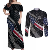 Custom American Flag Racing Couples Matching Off Shoulder Maxi Dress and Long Sleeve Button Shirt Dirt Bike Motocross Racewear Hexagon and Lightning - Wonder Print Shop