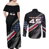 Custom American Flag Racing Couples Matching Off Shoulder Maxi Dress and Long Sleeve Button Shirt Dirt Bike Motocross Racewear Hexagon and Lightning - Wonder Print Shop