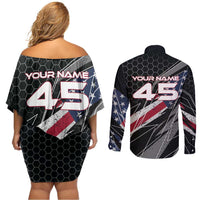 Custom American Flag Racing Couples Matching Off Shoulder Short Dress and Long Sleeve Button Shirt Dirt Bike Motocross Racewear Hexagon and Lightning - Wonder Print Shop