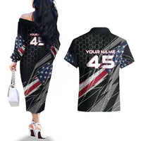 Custom American Flag Racing Couples Matching Off The Shoulder Long Sleeve Dress and Hawaiian Shirt Dirt Bike Motocross Racewear Hexagon and Lightning - Wonder Print Shop